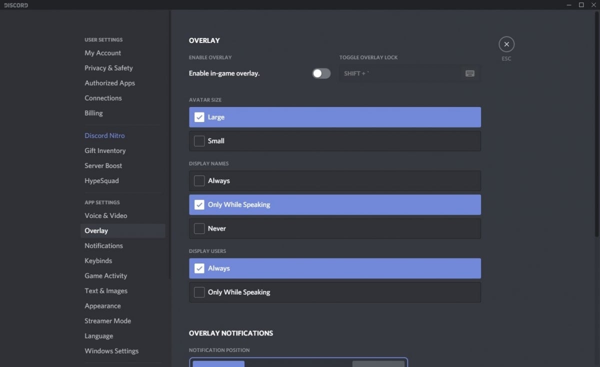 Discord overlay settings