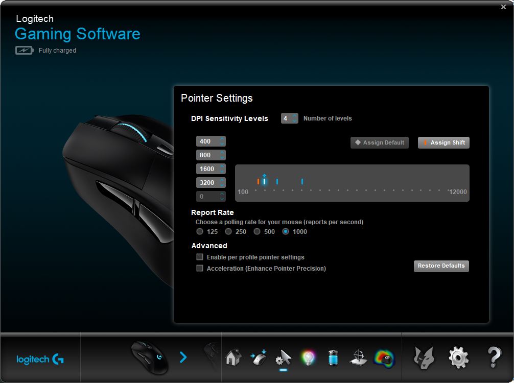 Logitech Gaming Software sensitivity profiles screen