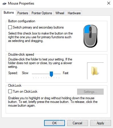 mouse properties window for double click speed